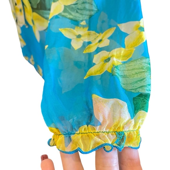 Silk Floral Hawaiian Printed Sheer Long Sleeeve Lightweight Blouse Tie Front - Picture 5 of 13